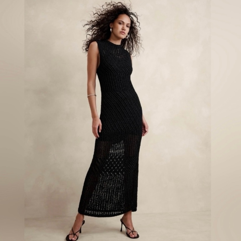Banana Republic Cotton Blend Open Stitch Crochet Black Maxi Dress – Size S NWT